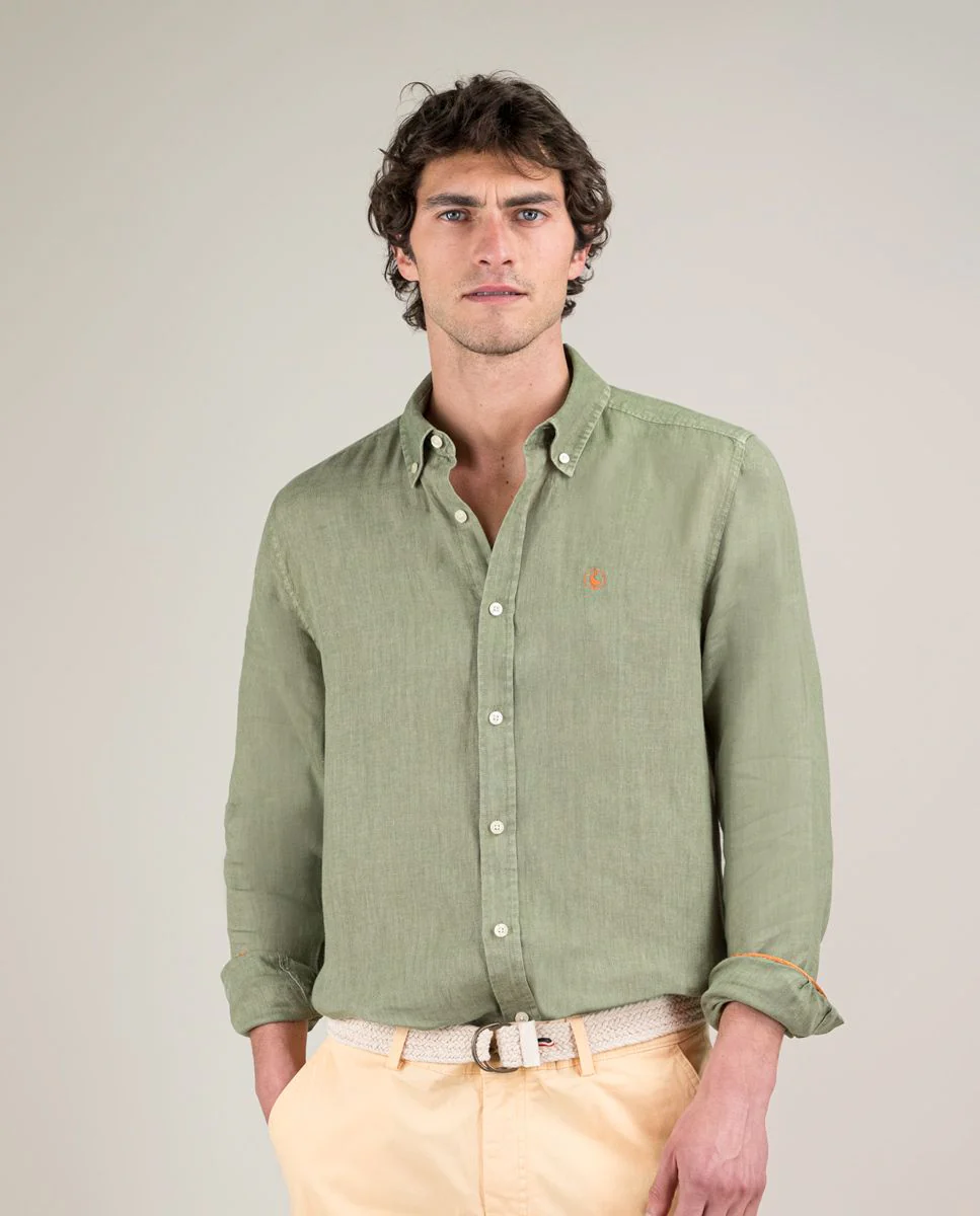 Camisa Lino Garment Dyed Kaki - Imagen 7