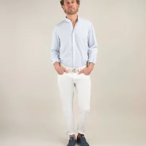 Camisa Seersucker Raya Celeste Cuello Mao