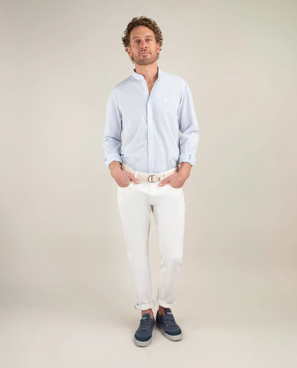 Camisa Seersucker Raya Celeste Cuello Mao