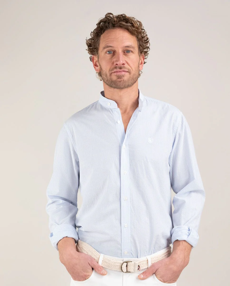 Camisa Seersucker Raya Celeste Cuello Mao - Imagen 3