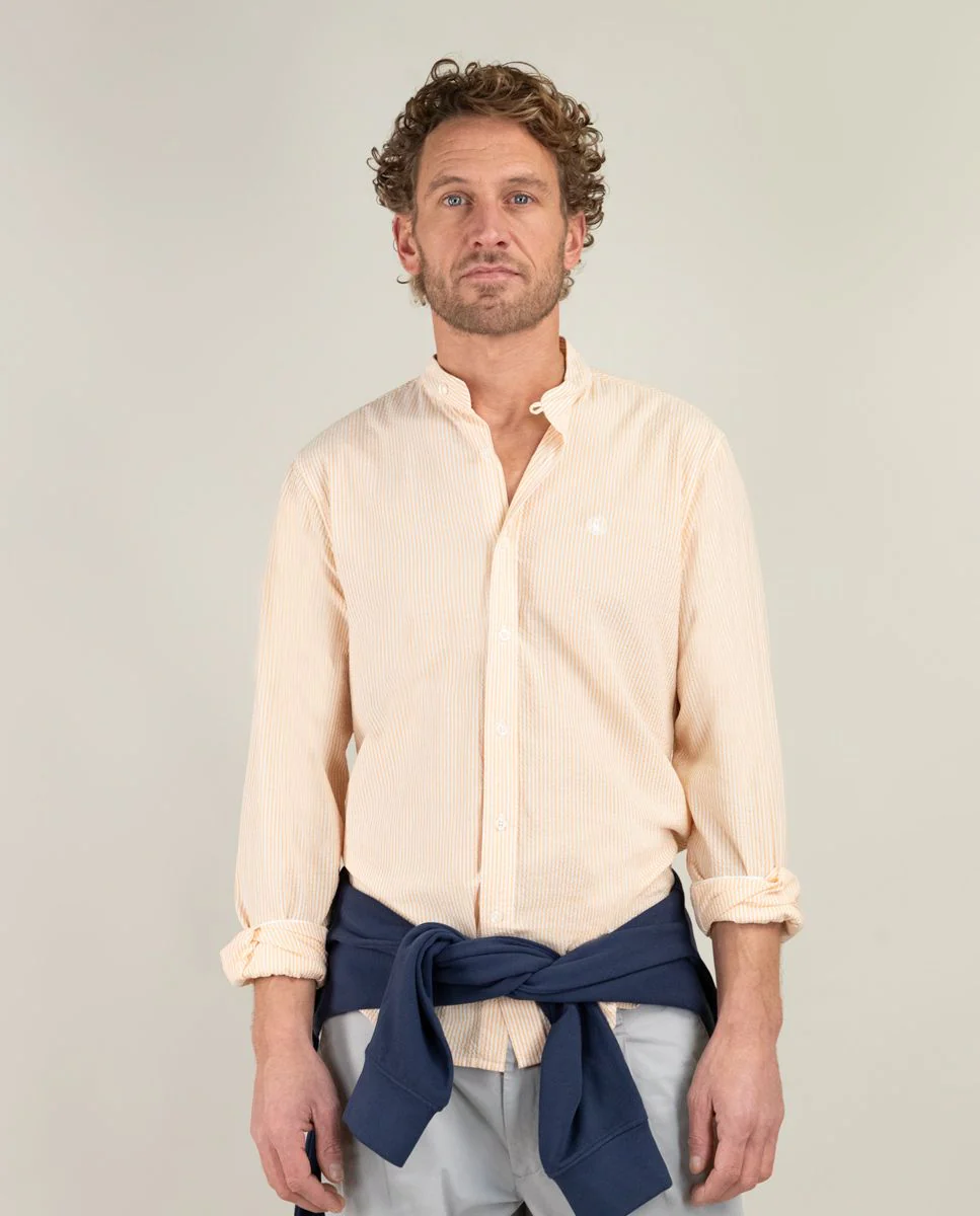 Camisa Seersucker Raya Naranja Cuello Mao - Imagen 4