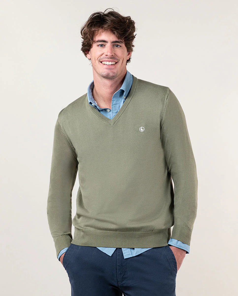 Jersey Cuello Pico Garment Dyed Verde