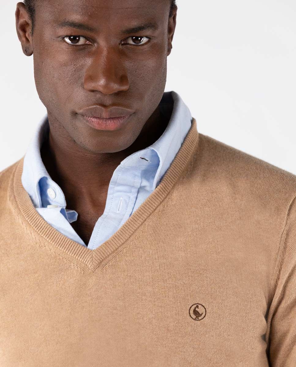 Jersey Cuello Pico Coderas Beige - Imagen 5