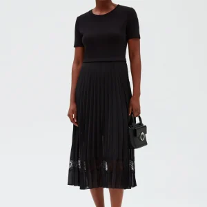 Vestido midi tela bimaterial negro