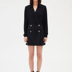 Vestido corto bimaterial en azul marino