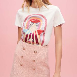 Falda de tweed jaspeado rosa y crudo