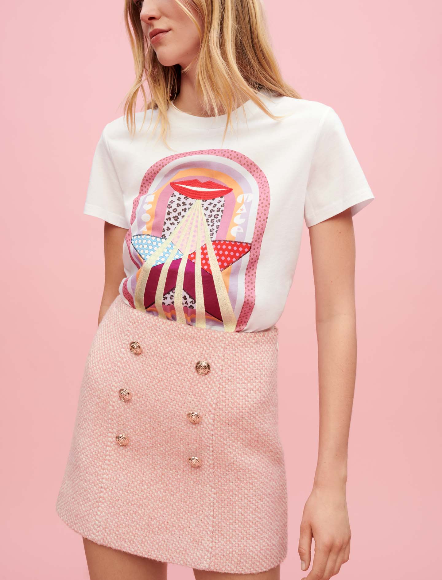 Falda de tweed jaspeado rosa y crudo