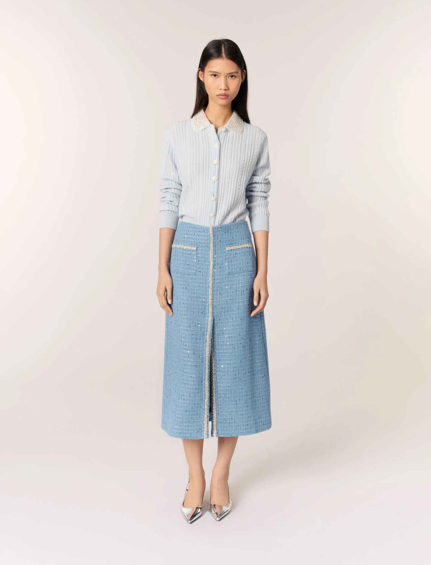 Falda midi de tweed con lentejuelas