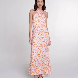 Vestido largo con flores y satinado