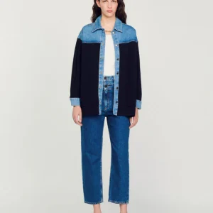 Cárdigan de dos materiales tipo chaqueta